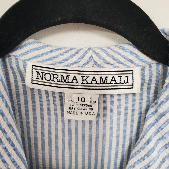 Vintage Norma Kamali Seersucker Button Up Shirt 10 Blue Stripe Coastal Nautical - Picture 3 of 9